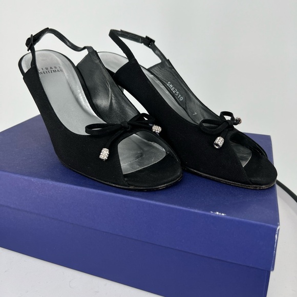 STUART WEITZMAN GLO TIGRESS BLACK PEAU SLING HEELS W/BOW & SILVER CRYSTAL CHARMS - Picture 1 of 12